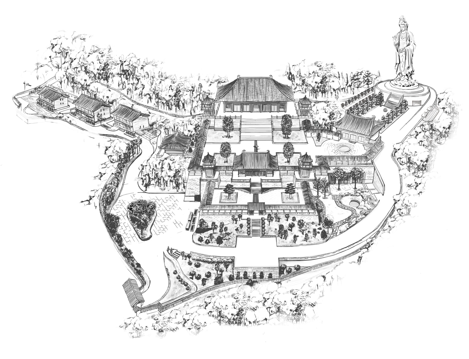 An ink and wash drawing of the monastery grounds seen from above, the halls, courtyards and the Guan Yin statue laid out along the walking route.
